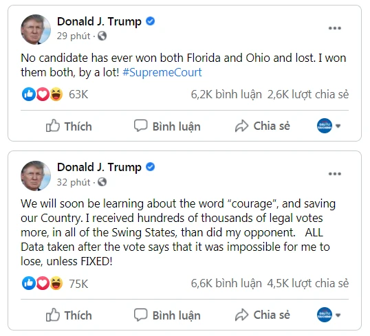 Các bài đăng Facebook hôm 9/12/2020 của TT Trump. (Ảnh chụp màn hình)