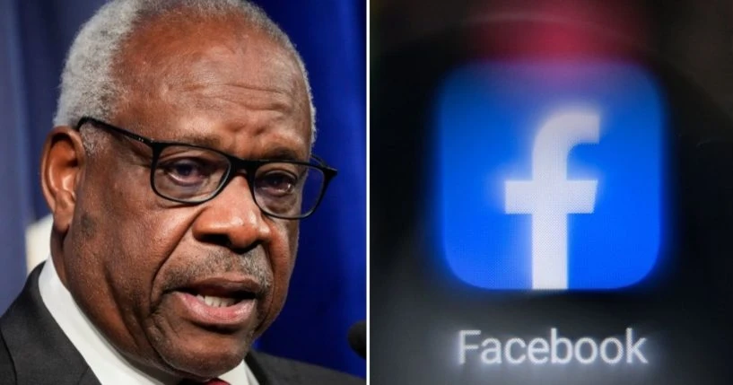 Thẩm phán Tòa án Tối cao Clarence Thomas phát biểu tại The Heritage Foundation vào ngày 21/10/2021, ở Washington, DC và Logo Facebook trên màn hình điện thoại di động ở Moscow vào ngày 19/11/2021. (Drew Angerer / Getty Images; Kirill Kudryavtsev - AFP / N