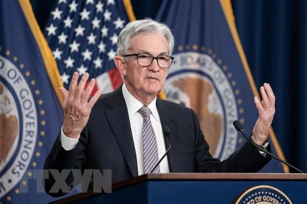 Chủ tịch Ngân hàng Dự trữ Liên bang Mỹ (Fed) Jerome Powell trong cuộc họp báo công bố quyết định tăng lãi suất của Fed, tại Washington DC., ngày 3/5/2023. (Ảnh: THX/TTXVN)