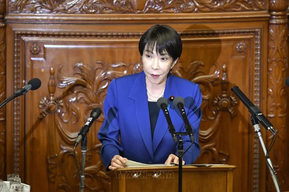 Thủ tướng Nhật Bản Sanae Takaichi phát biểu trước Quốc hội ở Tokyo ngày 24/10/2025. Ảnh: Kyodo/TTXVN