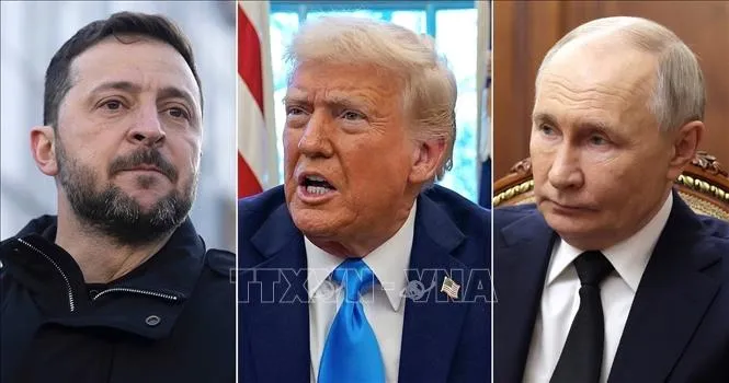 (Từ trái sang) Tổng thống Ukraine Volodymyr Zelensky, Tổng thống Mỹ Donald Trump và Tổng thống Liên bang Nga Vladimir Putin. Ảnh: TTXVN