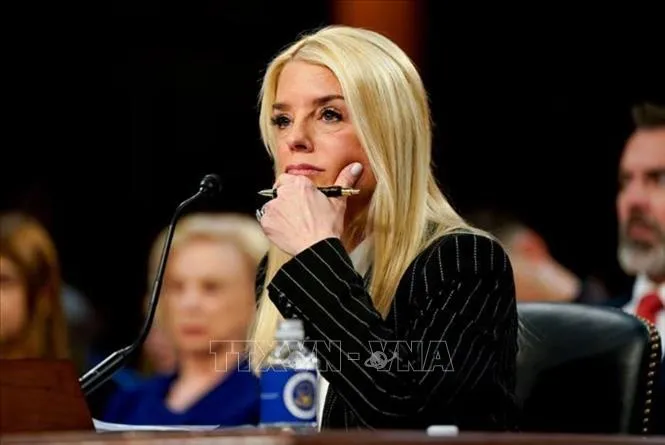 Bà Pam Bondi trong phiên điều trần tại Ủy ban Tư pháp Thượng viện Mỹ ở Washington, ngày 15/1/2025. Ảnh: TTXVN