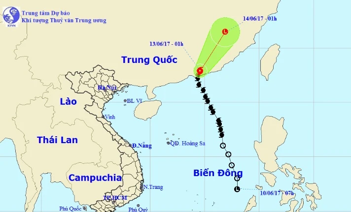 Vị trí và hướng di chuyển của bão số 1 – Merbok. Ảnh Trung tâm Dự báo KTTVTƯ.