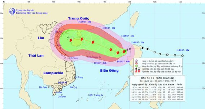 Sơ đồ dự báo hướng đi của bão số 11. Ảnh: Trung tâm Dự báo Khí tượng Thủy văn Trung ương