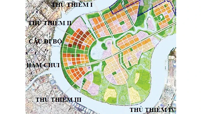 Theo quy hoạch, sẽ có 5 cây cầu và một hầm chui nối trung tâm và các quận với Khu đô thị mới Thủ Thiêm, Quận 2