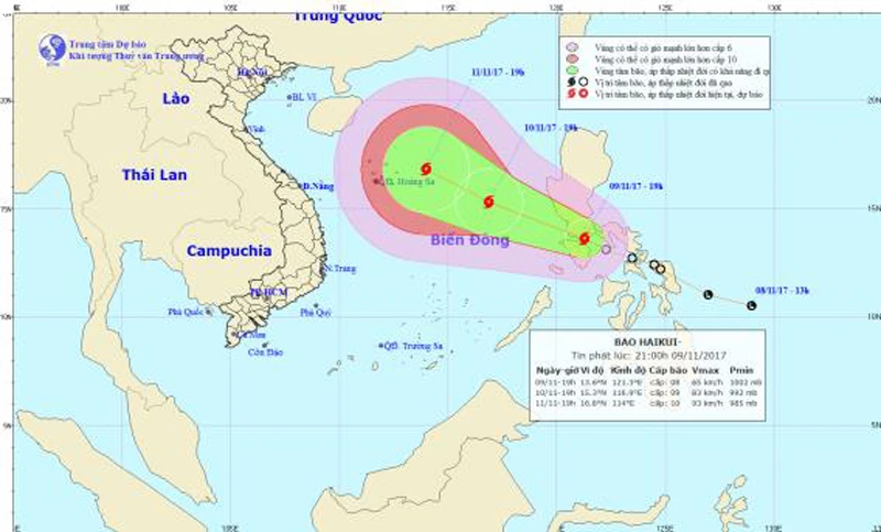 Vị trí và đường đi của bão Haikui. Ảnh: TT DBKTTVTƯ
