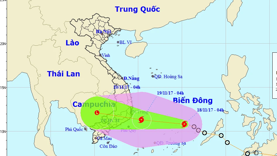 Ảnh đường đi và vị trí cơn bão số 14. Ảnh: TT DBKTTVTƯ