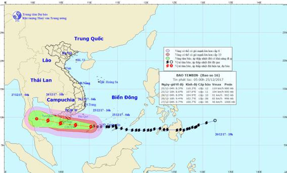 Đường đi và vị trí cơn bão. Ảnh: TT Dự báo khí tượng thủy văn TƯ
