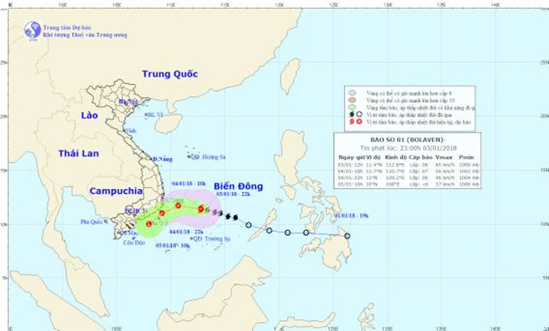 Dự kiến đường đi của bão số 1. Ảnh: Trung tâm Dự báo khí tượng - thủy văn Trung ương