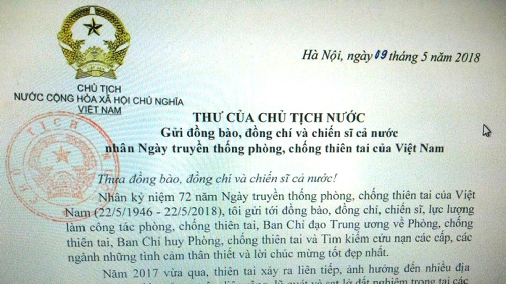 Trích một phần Thư của Chủ tịch nước gửi đồng bào, đồng chí và chiến sĩ cả nước nhân kỷ niệm 72 năm Ngày truyền thống phòng, chống thiên tai của Việt Nam 