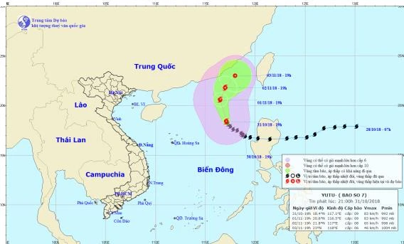 Đường đi và vị trí cơn bão. Ảnh: TTDBKTTV TƯ