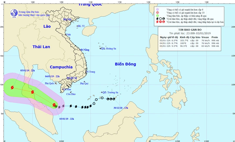 Vị trí và đường đi của bão số 1 lúc 23h ngày 3-1. Ảnh: TTDBKTTVTƯ
