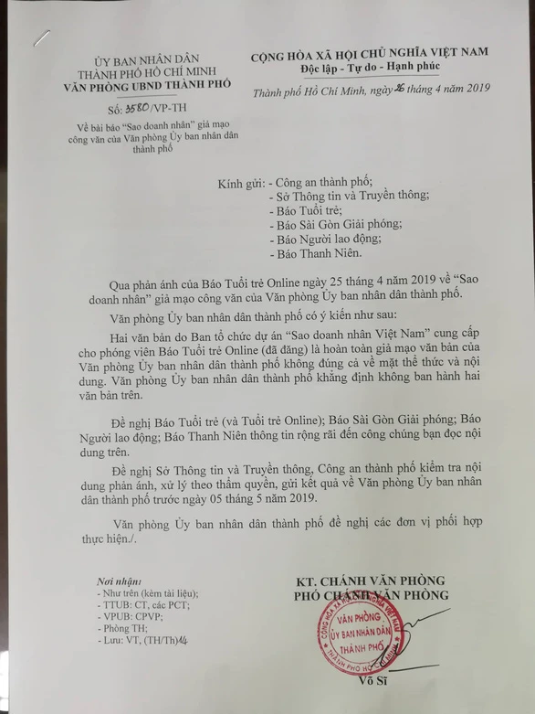 Công văn phản hồi về việc chương trình "Sao doanh nhân Việt Nam" giả mạo giấy tờ của Văn phòng UBND TP.HCM. Ảnh: Tuoitre