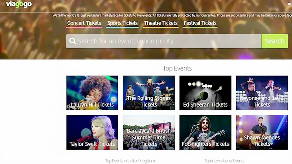 Giao diện website Viagogo