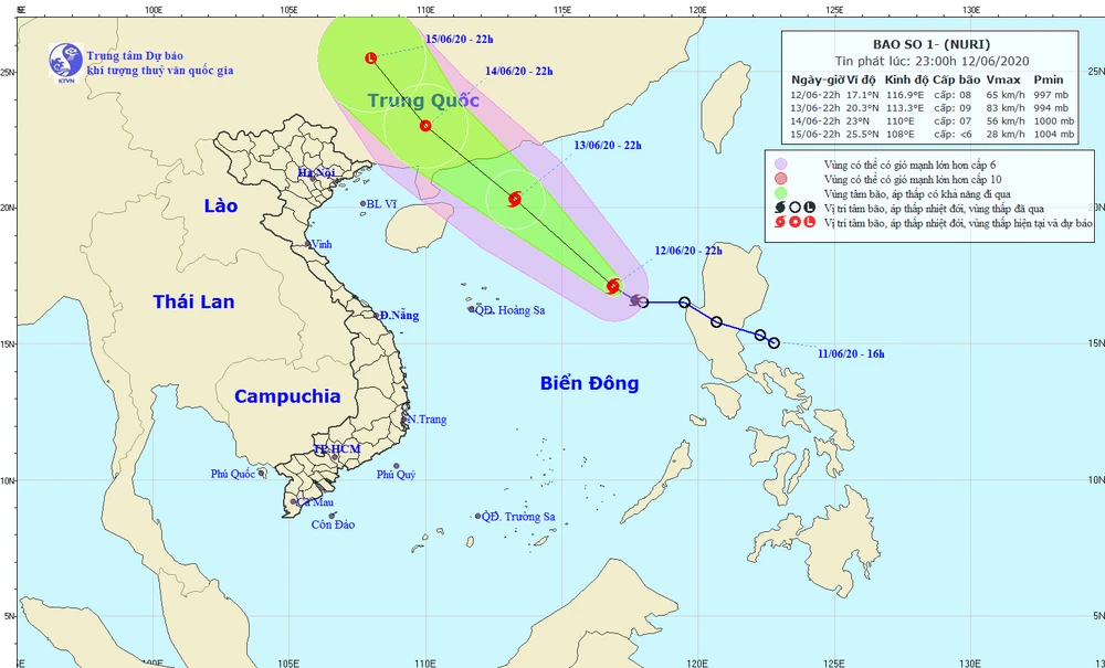 Ảnh vị trí và đường đi của cơn bão. Ảnh: Trung tâm Dự báo KTTV Quốc gia