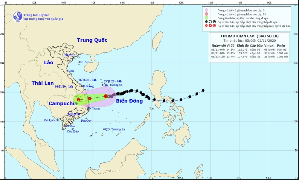 Vị trí và đường đi của bão số 10. Ảnh: TT Dự báo KTTV Quốc gia