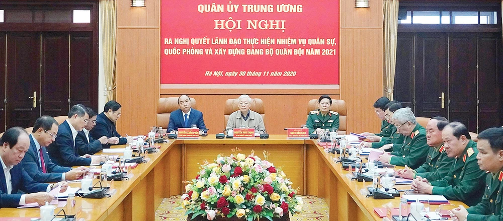 Hội nghị Quân ủy Trung ương diễn ra ngày 30-11 tại Hà Nội, dưới sự chủ trì của Tổng Bí thư, Chủ tịch nước Nguyễn Phú Trọng. Ảnh: VIẾT CHUNG