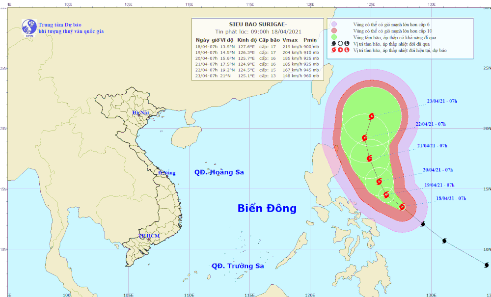 Dự báo vị trí và đường đi của bão Surigae. Ảnh: Trung tâm Dự báo khí tượng thủy văn Quốc gia