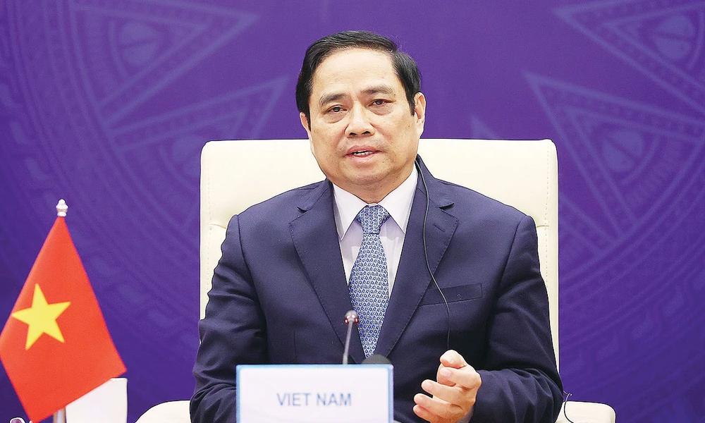 Thủ tướng Phạm Minh Chính phát biểu tại Hội nghị Thượng đỉnh hợp tác tiểu vùng Mê Công mở rộng lần thứ 7. Ảnh: TTXVN