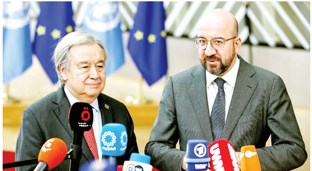 Tổng thư ký LHQ António Guterres và Chủ tịch Hội đồng châu Âu Charles Michel tại hội nghị thượng đỉnh EU