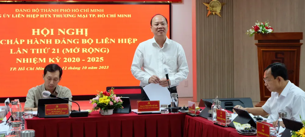 Phó Bí thư Thành ủy TPHCM Nguyễn Hồ Hải phát biểu chỉ đạo tại hội nghị. Ảnh THU HƯỜNG