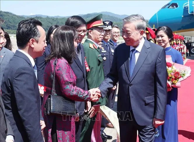 Cán bộ, nhân viên Đại sứ quán và cộng đồng người Việt Nam tại Hàn Quốc đón Tổng Bí thư Tô Lâm và Phu nhân ở Sân bay quân sự Seongnam. Ảnh: Thống Nhất - TTXVN tongbithu2.jpg