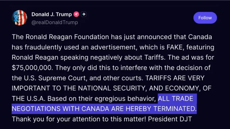 Trên mạng xã hội Truth Social, ngày 23-10, Tổng thống Mỹ Donald Trump tuyên bố ngừng toàn bộ các cuộc đàm phán thương mại với Canada.