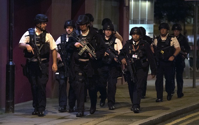 Police units at London Bridge after reports of a incident involving a van hitting pedestrian on London Bridge, Central London, Britain, on Saturday local time. 
