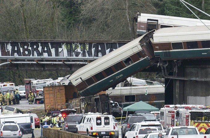 The scene of a portion of the Interstate I-5 highway after an Amtrak high speed train derailled from an overpass early Monday near the city of Tacoma, Washington state 