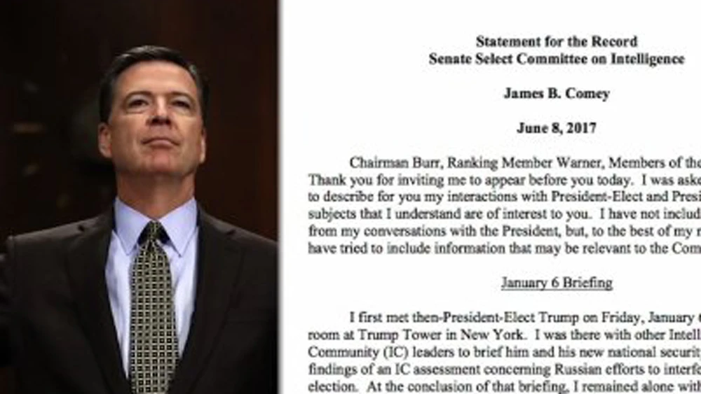 Cựu Giám đốc Cục Điều tra Liên bang Mỹ (FBI) James Comey cho biết trong văn bản điều trần rằng Tổng thống Donad Trump đã yêu cầu ông ngưng điều tra cựu Cố vấn An ninh Quốc gia Michael Flynn. Ảnh AP