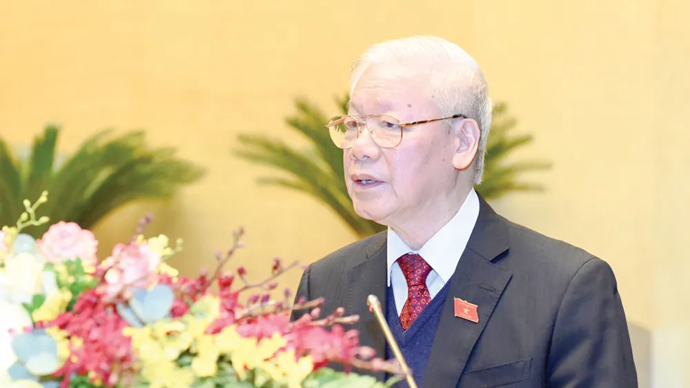 Tổng Bí thư, Chủ tịch nước Nguyễn Phú Trọng trình bày Báo cáo tổng kết công tác nhiệm kỳ 2016-2021 của Chủ tịch nước. Ảnh: QUANG PHÚC