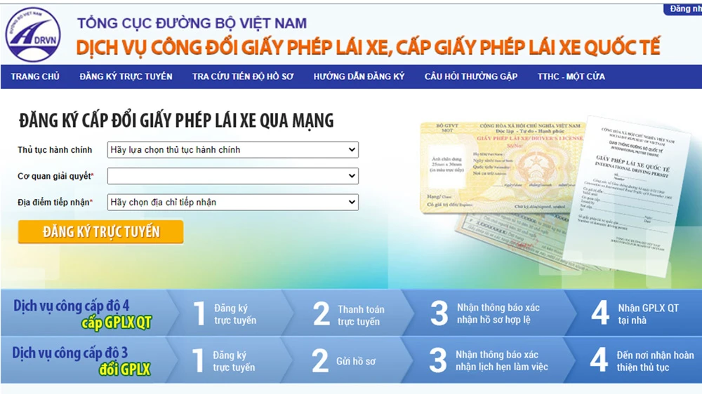 Thủ tục cấp đổi GPLX qua mạng trên trang web của Tổng cục Đường bộ Việt Nam