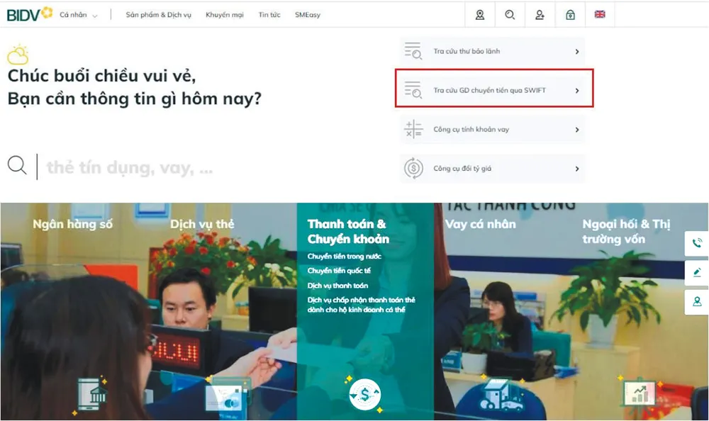 Khách hàng có thể dễ dàng tra cứu trạng thái chuyển tiền quốc tế Swift Go qua website bidv.com.vn