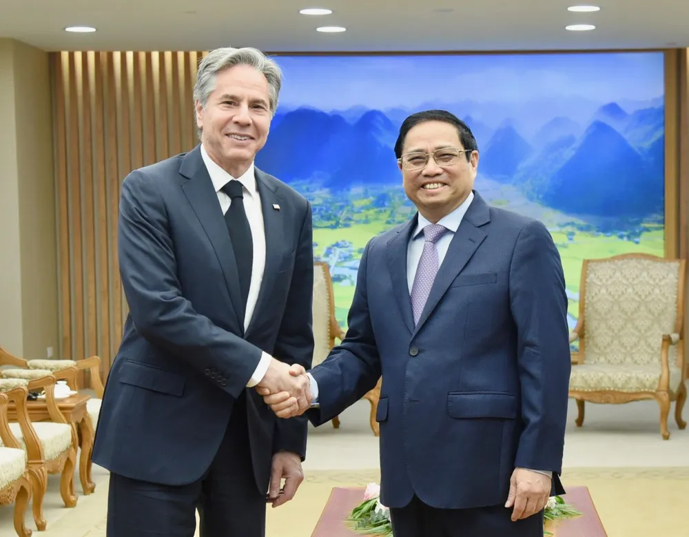 Thủ tướng Phạm Minh Chính tiếp Ngoại trưởng Hoa Kỳ Antony Blinken, sáng 15-4. Ảnh: VIẾT CHUNG Thủ tướng Phạm Minh Chính tiếp Ngoại trưởng Hoa Kỳ Antony Blinken, sáng 15-4. Ảnh: VIẾT CHUNG