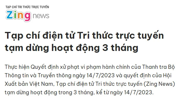 Zing News bị tước giấy phép 3 tháng và phạt hành chính 243,5 triệu đồng