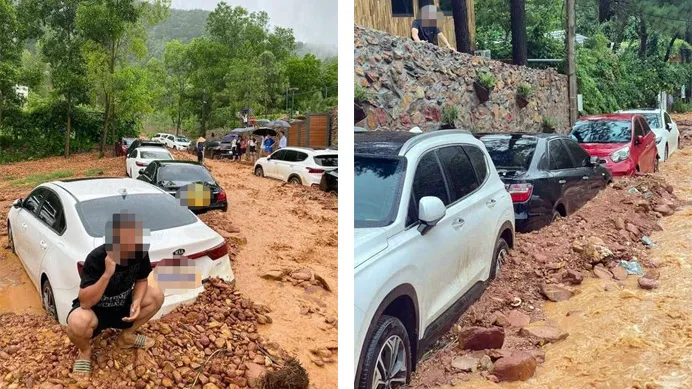 Hình ảnh về sạt lở, bùn đất vùi lấp cả đoàn xe ô tô là ở thôn Ban Tiện. Ảnh: Mạng xã hội