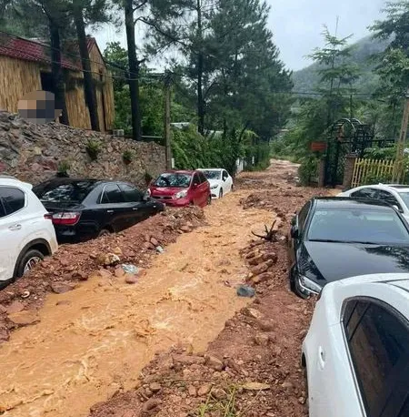 Sạt lở do mưa lớn làm nước chảy từ trên cao xuống kéo theo bùn đất vùi lấp nhiều ô tô. Ảnh: Mạng xã hội