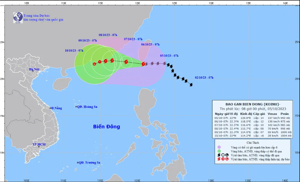 Hướng di chuyển của bão Koinu. Nguồn: Trung tâm dự báo Khí tượng Thủy văn Quốc gia