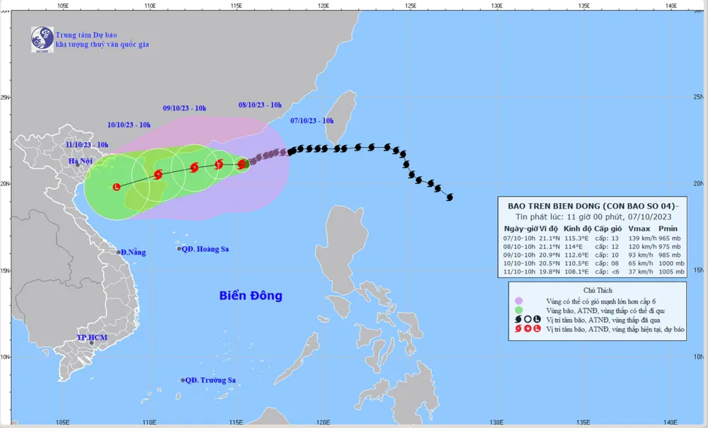 Vị trí và đường đi của bão số 4. Ảnh: TTDBKTTVQG