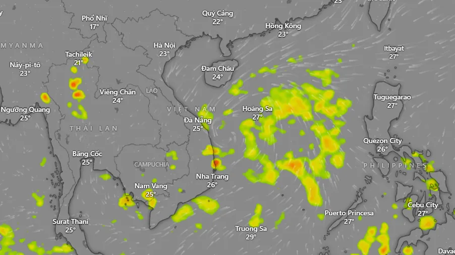 Vùng áp thấp di chuyển chậm theo hướng Tây Tây Bắc và có khả năng mạnh thêm. Nguồn: Windy Vùng áp thấp di chuyển chậm theo hướng Tây Tây Bắc và có khả năng mạnh thêm. Nguồn: Windy