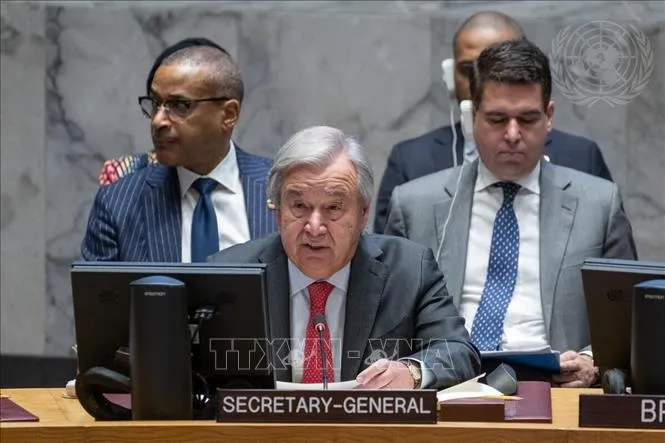 Tổng Thư ký LHQ Antonio Guterres phát biểu tại phiên thảo luận mở của HĐBA về tình hình Israel, Gaza. Ảnh: TTXVN Tổng Thư ký LHQ Antonio Guterres phát biểu tại phiên thảo luận mở của HĐBA về tình hình Israel, Gaza. Ảnh: TTXVN