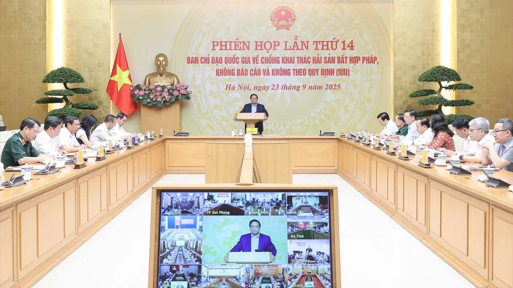 Thủ tướng Phạm Minh Chính chủ trì và phát biểu tại phiên họp lần thứ 14 của Ban Chỉ đạo Quốc gia về chống khai thác hải sản bất hợp pháp, không báo cáo và không theo quy định (IUU)  Ảnh VIẾT CHUNG.jpg