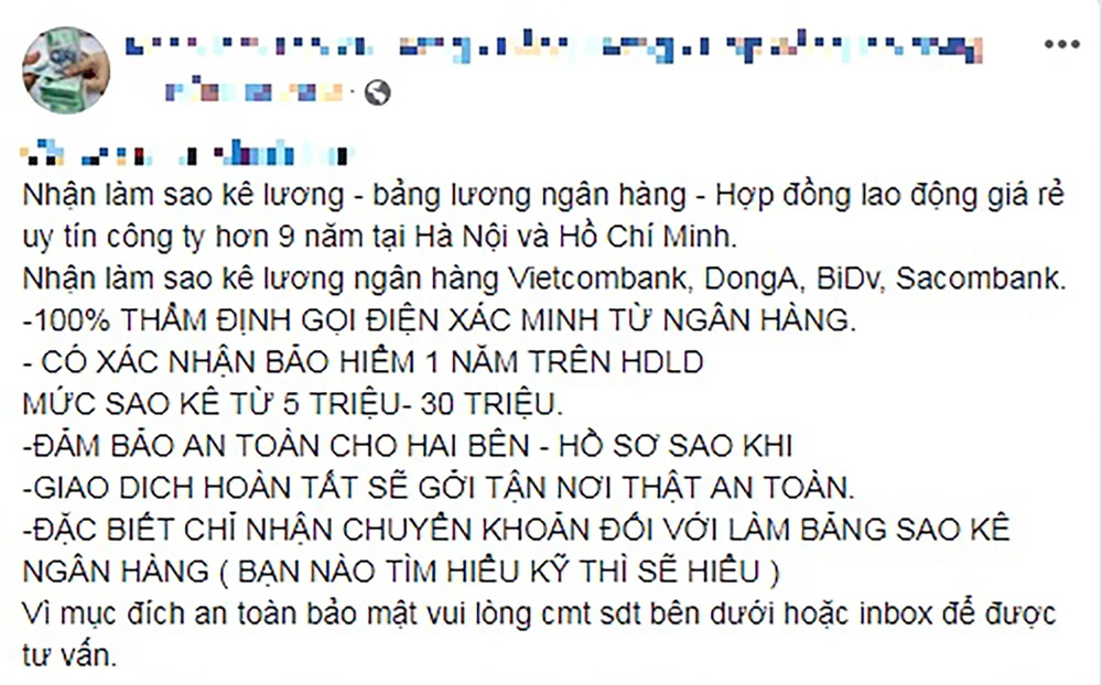 Công khai rao trên mạng dịch vụ làm giả giấy tờ xác nhận, bảng lương...