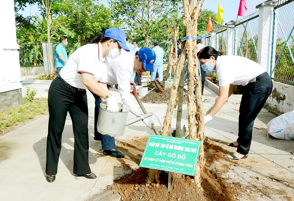 Các đại biểu trồng cây tại xã Quy Đức