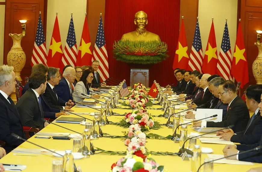 Tổng Bí thư Nguyễn Phú Trọng hội đàm với Tổng thống Joe Biden, chiều 10-9-2023. Ảnh: TTXVN Tổng Bí thư Nguyễn Phú Trọng hội đàm với Tổng thống Joe Biden, chiều 10-9-2023. Ảnh: TTXVN
