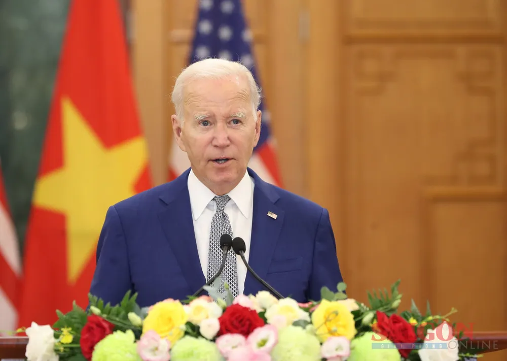 Tổng thống Joe Biden phát biểu với báo chí sau hội đàm. Ảnh: QUANG PHÚC Tổng thống Joe Biden phát biểu với báo chí sau hội đàm. Ảnh: QUANG PHÚC