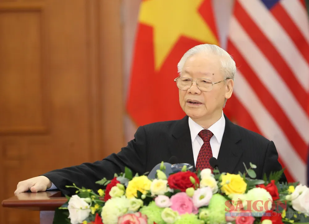 Tổng Bí thư Nguyễn Phú Trọng phát biểu tại cuộc gặp báo chí sau hội đàm. Ảnh: QUANG PHÚC Tổng Bí thư Nguyễn Phú Trọng phát biểu tại cuộc gặp báo chí sau hội đàm. Ảnh: QUANG PHÚC