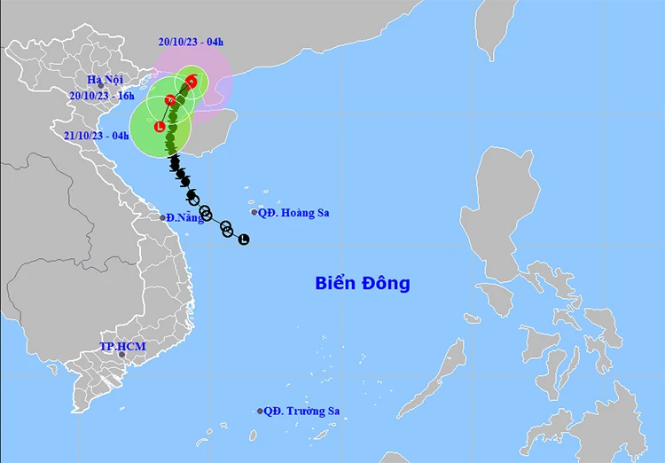 Vị trí và đường đi của bão số 5 ngày 20-10. Ảnh: TTDBKTTVQG