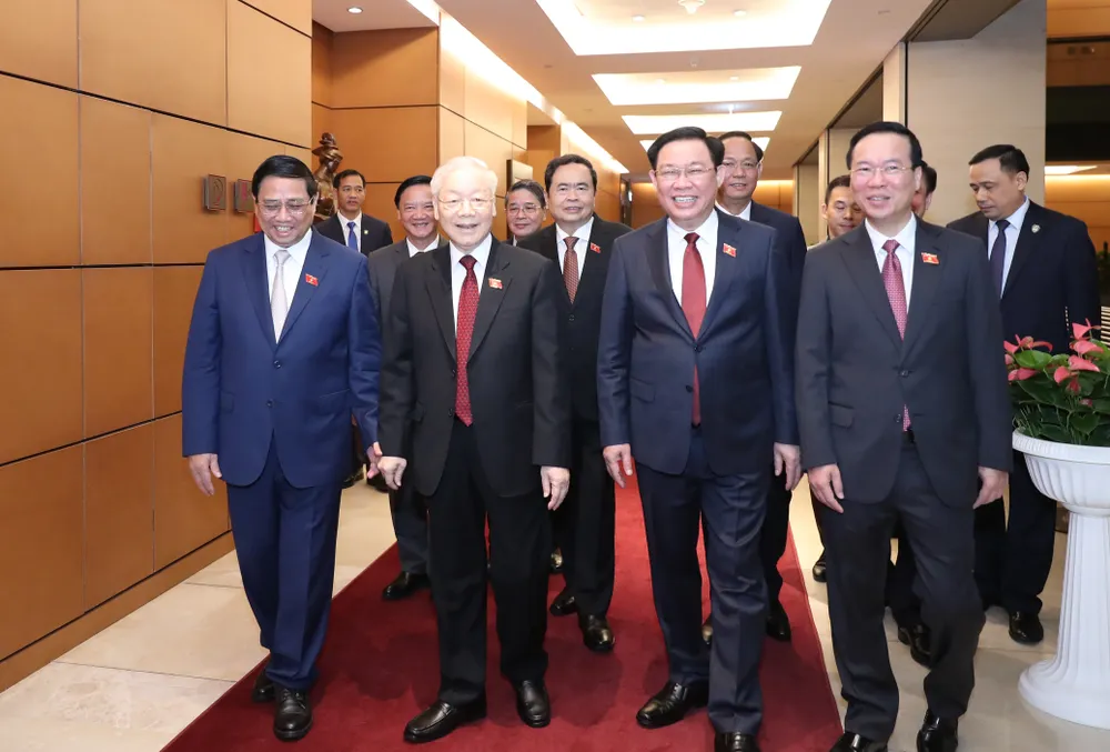 Tổng Bí thư Nguyễn Phú Trọng cùng các đồng chí lãnh đạo Đảng và Nhà nước tham dự phiên khai mạc kỳ họp thứ 6, Quốc hội khóa XV. Ảnh: QUANG PHÚC Tổng Bí thư Nguyễn Phú Trọng cùng các đồng chí lãnh đạo Đảng và Nhà nước tham dự phiên khai mạc kỳ họp thứ 6, Quốc hội khóa XV. Ảnh: QUANG PHÚC