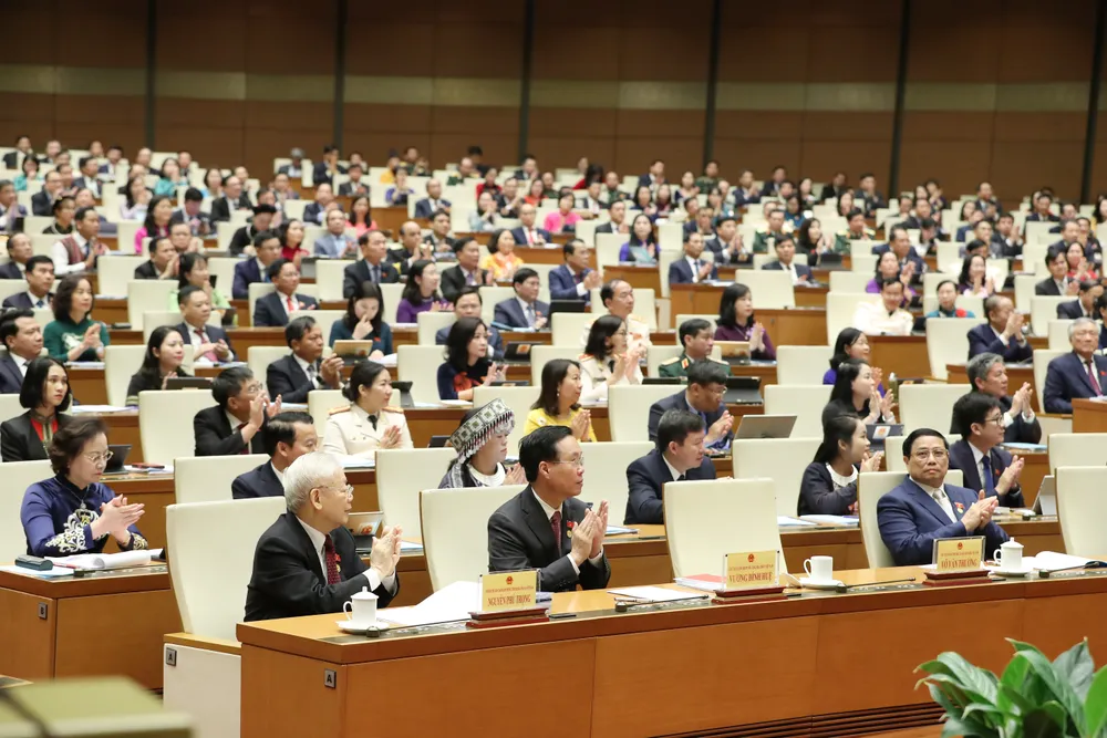 Tổng Bí thư Nguyễn Phú Trọng cùng các đồng chí lãnh đạo Đảng và Nhà nước tham dự phiên khai mạc kỳ họp. Ảnh: QUANG PHÚC Tổng Bí thư Nguyễn Phú Trọng cùng các đồng chí lãnh đạo Đảng và Nhà nước tham dự phiên khai mạc kỳ họp. Ảnh: QUANG PHÚC